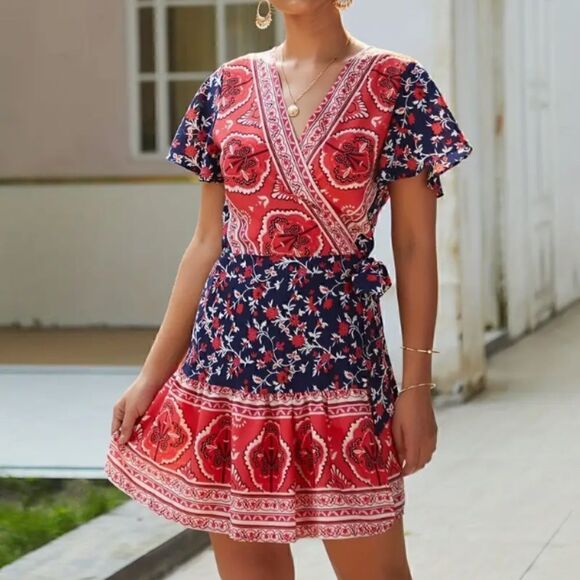 NEW! Cute Boho V Neck Wrap Around Mini Dress Bohemian Pattern Navy Red Trendy - Picture 1 of 5